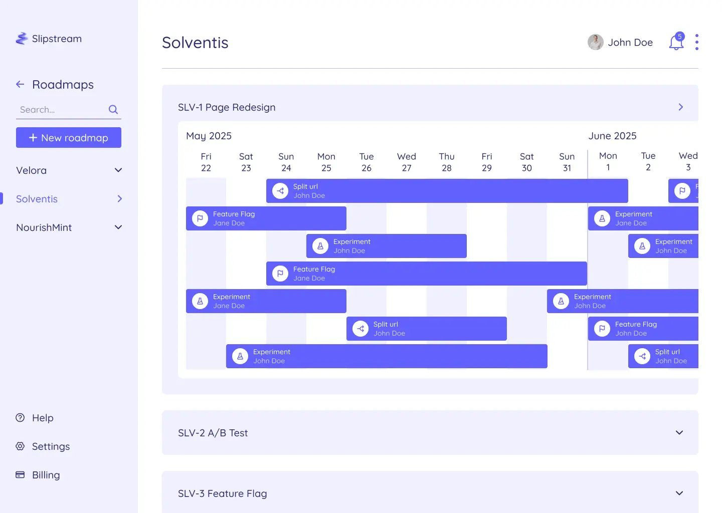 A view of Slipstream's roadmapping dashboard, allowing you to easily visualize your A/B testing roadmap